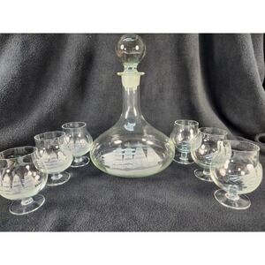 Toscany Clipper (1) Decanter (6) Snifter Glasses Vintage Clear Etched Ship Glass